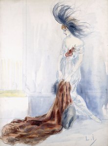 Dame élégante avec chapeau à plumes et manteau de fourrure - Louis Icart
