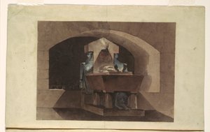 Dessin, Sépulcre de style égyptien avec cariatides et lion, vers 1779-84 - Louis Jean Desprez