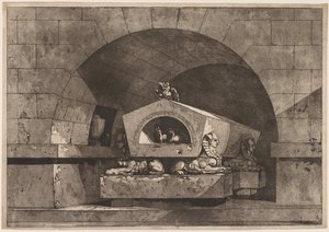 Tombe avec Sphinx : Monument funéraire avec une chouette sur un sarcophage soutenu par un Sphinx, vers 1779-84