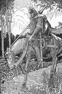 Mordred (Modred) blessé après la bataille de Camlann contre son père le roi Arthur (Mordred blessé après la bataille de Camlann) Illustration par Louis Rhead (1858-1926) de « Le roi Arthur et ses chevaliers » 1923 Collection privée - Louis John Rhead