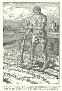 Le géant ramassa Maître Pouce pour le regarder comme il le ferait avec un scarabée ou un hanneton - Louis John Rhead