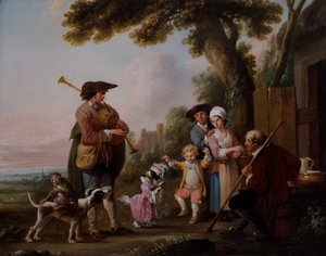 Musiciens avec des animaux se produisant devant des tavernes