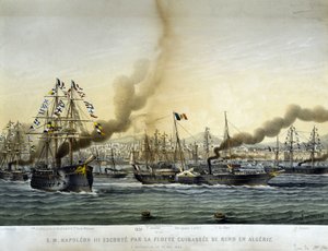 Napoléon III escorté par la flotte de guerre se rendit en Algérie en septembre 1860, gravure de 1865.
