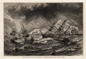 Pêche à la morue sur le Grand Banc de Terre-Neuve, les bateaux suivent les lignes, dessin de Lebreton, pour illustrer le voyage à Terre-Neuve en 1860 par A. de Gobineau. Gravure dans « Le tour du monde », édité par Edouard Charton