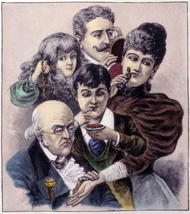 Représentation des cinq sens (toucher, ouïe, odorat, goût et vue) par Louis Léopold Bailly. Gravure de 1894.