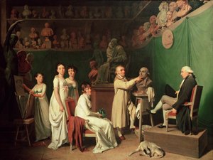 Jean Antoine Houdon (1741-1828) sculptant le buste de Pierre Simon (1749-1827) Marquis de Laplace en présence de sa femme et de ses filles, 1804 - Louis Leopold Boilly