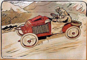 Automobile : une voiture de course. Marcel Renault (1872-1903) et René Vauthier traversant les Alpes lors de la course PARIS-VIENNE en 1902 dans la voiture 147. Lithographie de Louis Lucien Faure Dujarric (1872-?), 20e siècle. Conservatoire national des Ar