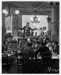 Au milieu, sur une table, Desroches mène le charivari. Scène dans un café parisien : les gens chantent, boivent, fument, discutent et flirtent autour des tables. Dans « Trente ans de Paris » collection autobiographique d