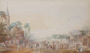 Le duc de Penthièvre avec Benjamin Franklin à sa droite assistant à une revue de son régiment de volontaires à côté de son château à Rambouillet