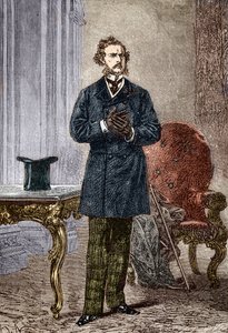 Portrait de Phileas Fogg, personnage du roman « Le tour du monde en quatre-vingts jours » de Jules Verne illustré par Louis Paul Pierre Dumont (1822-1882) en 1872 (Phileas Fogg du frontispice de « Le tour du monde en quatre-vingts jours » par Jules Verne ( - Louis Paul Pierre Dumont