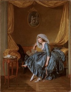 Jeune femme lisant sa correspondance dans la chambre