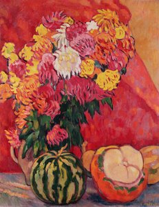 Vase de géraniums avec melons