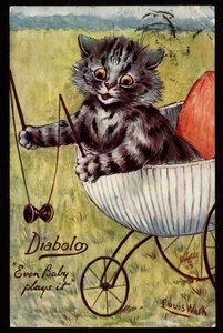 Diabolo. Même bébé y joue. Animaux en posture humaine. Chaton jouant avec un diabolo dans son berceau. Carte postale. Chromolithographie de Louis Wain, début du 20e siècle