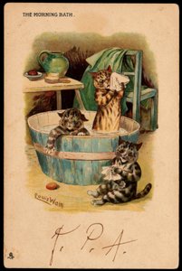 Le bain du matin. Animaux en posture humaine. Chats prenant leur bain dans une bassine. Carte postale. Chromolithographie de Louis Wain, début du 20e siècle