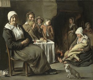Intérieur paysan avec un vieux joueur de flûte
