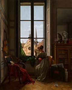 Intérieur avec jeune femme traçant une fleur, vers 1820-22 (huile sur toile) - Louise Adeone Droelling