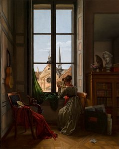 Intérieur avec une jeune femme traçant une fleur - Louise Adeone Drolling