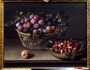 Une pêche, des fraises et un panier de fruits. Peinture de Louise Moillon (1610-1696) XVIIe siècle Toulouse, Musée des Augustins
