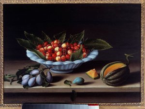 Coupe de cerises, prunes et melon - Louise Moillon