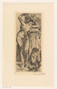 Nu féminin avec éventail à la main et figure recroquevillée à droite - Lovis Corinth (signed by artist)