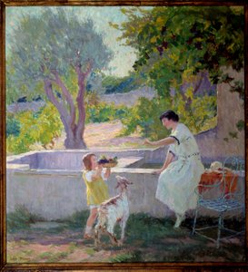 Madame Prat et sa fille dans le jardin avec la petite chèvre