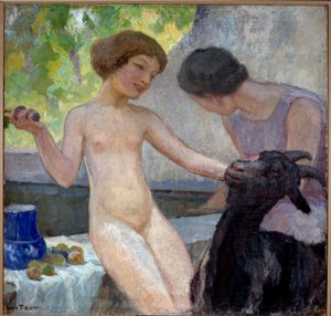 Jeune fille nue jouant avec une chèvre