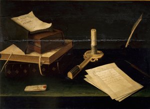 Nature morte de livres, plume, lettre et bougie