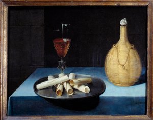 Nature morte au dessert de gaufrettes, bouteille de vin et verre
