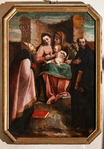 Gênes, Duomo (Cathédrale Saint-Laurent), intérieur, Baptistère (anciennement Église Saint-Jean-le-Vieux) : "Madone et Enfant parmi Sainte Anne, Saint Nicolas de Bari et Saint Nicolas de Tolentino"