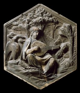 Allégorie de la Musique comme Orphée Les animaux de la forêt écoutent Orphée jouant du luth. Haut-relief par Luca della Robbia - Luca Della Robbia