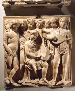 Laudate Eum in chordis et organo (Psaume 150, Laudate Dominum), panneau avec des garçons chantant avec orgue, harpe et luth