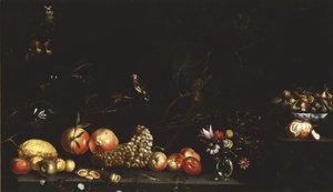 Nature morte avec fruits, fleurs, un faucon et un chardonneret, 1620-30 - Luca Forte