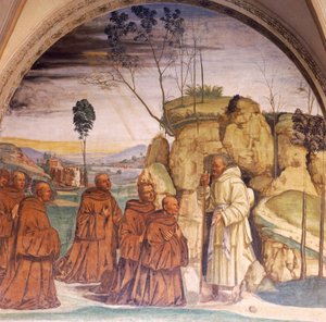 Histoires de Saint Benoît, fresques par Luca Signorelli dans le cloître de Saint Benoît à Monte Oliveto, Sienne, (détail)