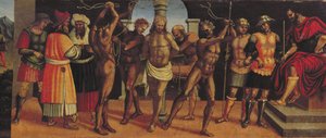 La Flagellation (détail du panneau de la prédelle du retable de la Trinité avec la Vierge à l