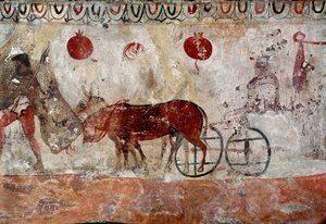 Un gardien de troupeau et deux ânes Fresque lucanienne du IVe siècle av. J.-C., de la nécropole de Paestum, Italie. Musée national archéologique, Paestum - Lucanian School