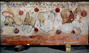 Un cavalier et les différents éléments de son armure Fresque lucanienne du 4e siècle av. J.-C., provenant de la nécropole de Paestum, Italie. Museo nazionale archeologico, Paestum - Lucanian School