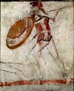 Un guerrier avec une lance et un bouclier Fresque lucanienne du IVe siècle av. J.-C., de la Tombe du Cavalier, site de Paestum, Italie. Musée national archéologique, Paestum - Lucanian School