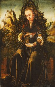 Sainte Marie-Madeleine assise sur un talus herbeux dans un paysage montagneux - Lucas Cranach