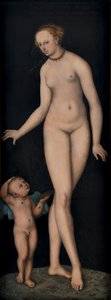 Vénus avec Cupidon comme voleur de miel sur fond noir - Lucas Cranach the Elder