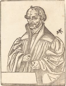 Philip Melanchton, mi-longueur à gauche, debout derrière un parapet - Lucas Cranach the Younger
