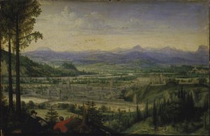 Vue de Linz avec un artiste dessinant au premier plan