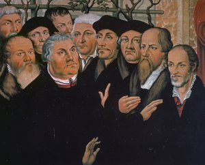 Martin Luther avec des représentants de la Réforme protestante, à droite Melanchthon, au centre Érasme de Rotterdam, (détail)