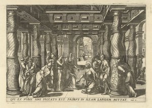Christ et la femme adultère (Memorabilivm Novi Testamenti in templo gestorvm icones tredecim elegantissimi ac ornatissimi) - Lucas van Doetechum