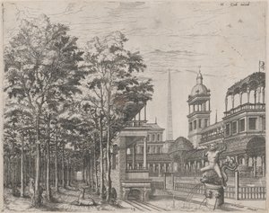 Paysage avec arbres, deux cerfs et une cour de palais - Lucas van Doetechum and Johannes