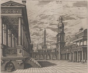 Place de la ville avec une colonnade à gauche