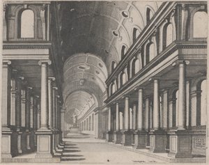 Vue dans une église avec des colonnes ioniques et un chœur avec une statue - Lucas van Doetechum and Johannes