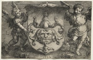 Un bouclier portant un masque soutenu par deux génies