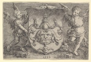 Blason avec un masque, tenu par deux génies