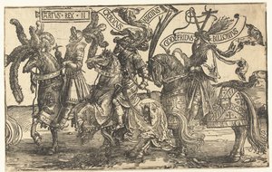 Les héros Roi Arthur, Charlemagne et Godefroy de Bouillon
Les neuf héros (titre de la série)