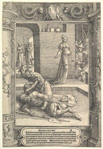 Jael tuant Sisera, cadre ornemental - Lucas van Leyden